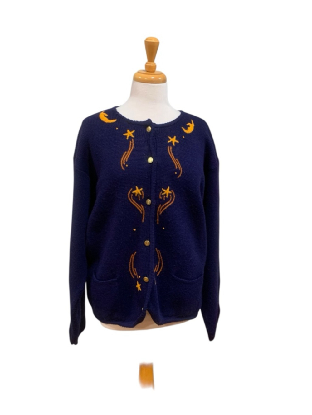 Vntg 90’s Women's Tally-Ho Navy celestial Star Moon Cardigan 2X w/flaws